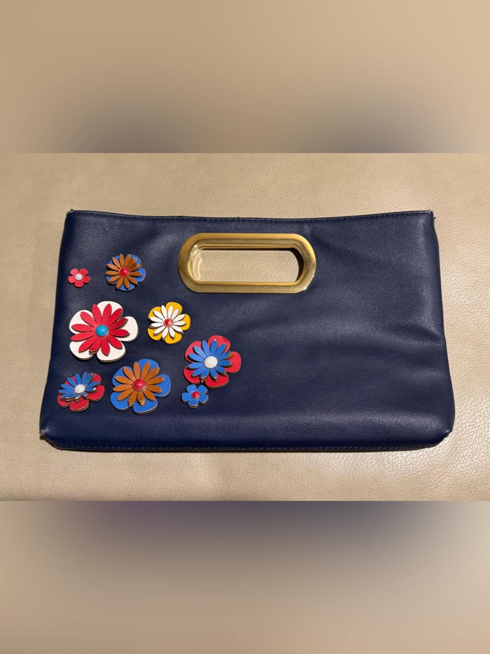 Imoshion Navy Floral Appliquรฉ Handheld Clutch Purse Multi Flower and Gold Handle
